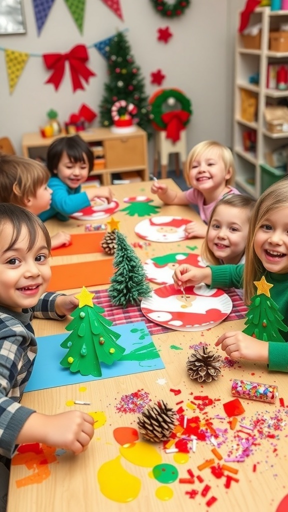 Preschool kids making Christmas crafts with colorful materials at a table.
